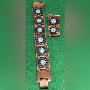 Vintage amazing burnt copper Aqua enamel dab Bracelet Earrings Set art deco